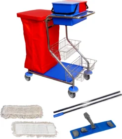 Komplettset Doppelfahreimer, 2 X 15 L Eimer, Presse, 2-teiliger Chromstiel + 10 Mopps