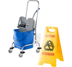 Sparset Reinigungswagen, 27 Liter + Gratis Aufsteller "Rutschgefahr", Zweisprachig