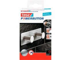 Tesa Powerbutton Hakenleiste Classic, Edelstahl, 2 Oder 3 Haken, Hält Bis Max. 12 Kg, 2 Haken