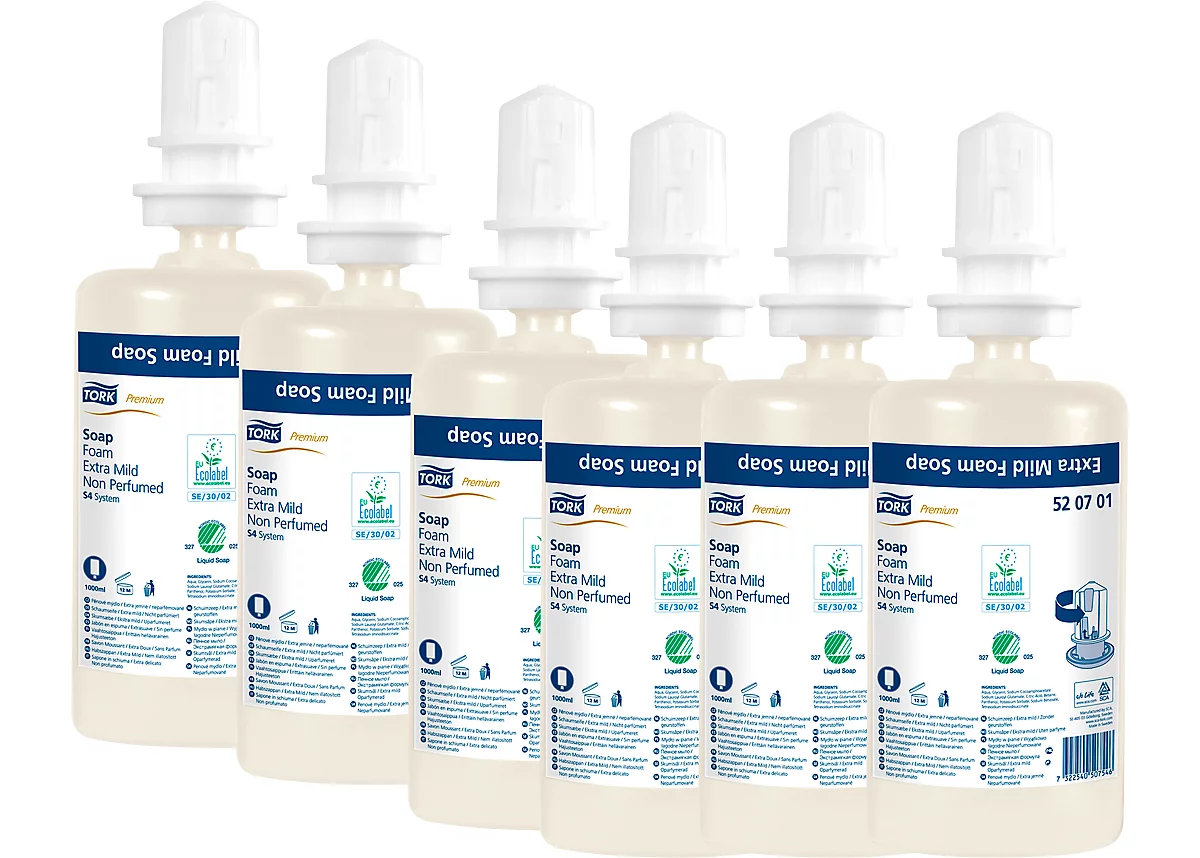 Tork® Premium-Schaumseife 520701, Extra Mild, Allergiefreundlich, Parfümfrei, 6 Flaschen á 1000 Ml, Transparent