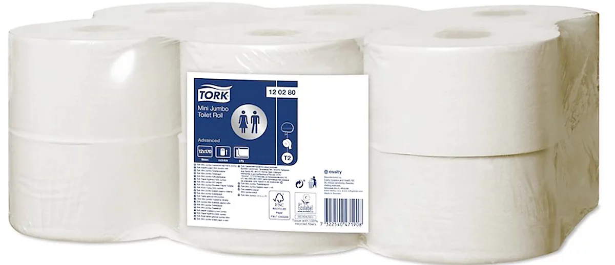 Tork® Toilettenpapier Mini Jumbo Advanced 120280, 2-lagig, mit Prägung, 12 Rollen á 850 Blatt, weiß Tork® Toilettenpapier Mini Jumbo Advanced 120280, 2-lagig, Mit Prägung, 12 Rollen á 850 Blatt, Weiß -Geschäft Für Reinigungs- Und Hygieneprodukte tork toilettenpapier mini jumbo advanced 120280 2 lagig mit praegung 12 rollen a 850 blatt weiss img WS 157868 A